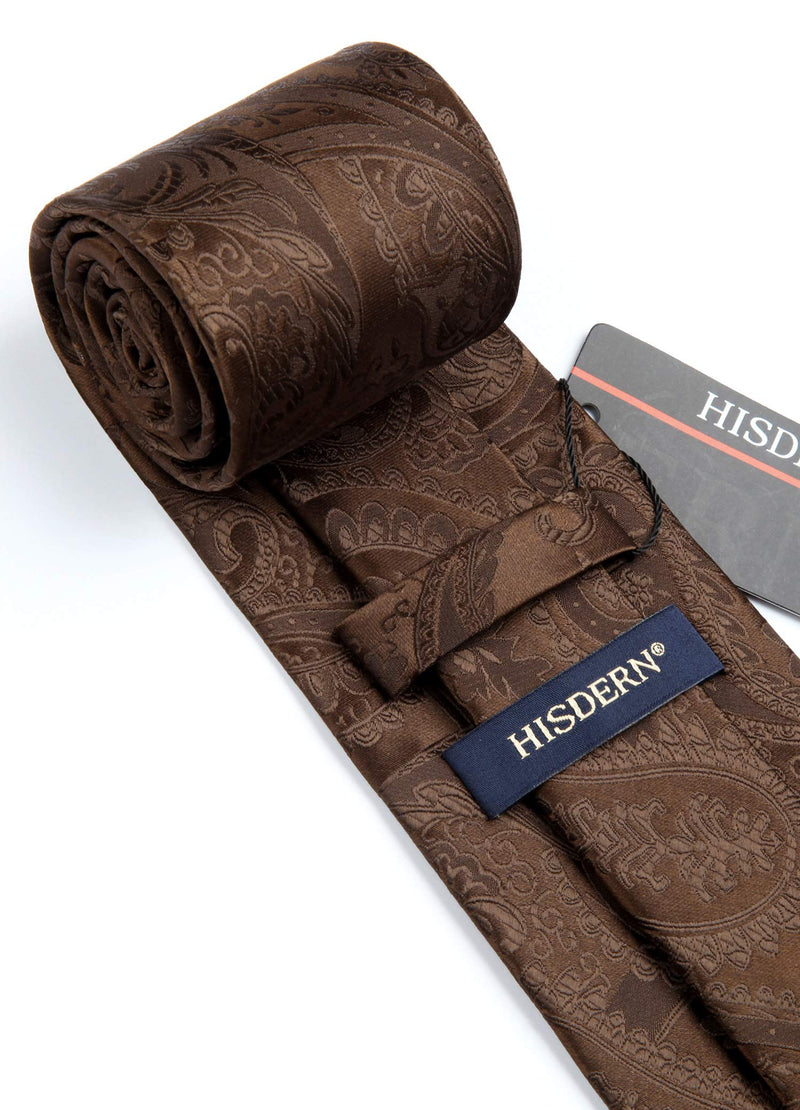 [Australia] - HISDERN Solid Paisley Tie for Men Handkerchief Woven Classic Flower Men's Necktie & Pocket Square Set A-cocoa Brown 8.5cm / 3.4 inches in Width 