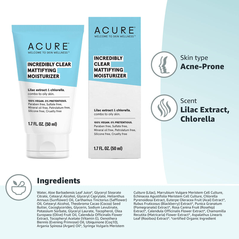 [Australia] - Acure Incredibly Clear Mattifying Moisturizer 100% Vegan For Oily To Normal & Acne Prone Skin, Lilac Extract + Chlorella 1.75 Fl Oz 