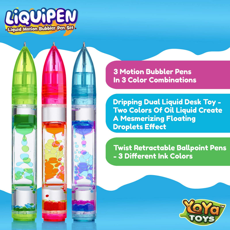 [Australia] - YoYa Toys Liquipen - Liquid Motion Bubbler Pens Sensory Toy (3 Pack) - Writes Like a Regular Pen - Colorful Liquid Timer Pens Great for Stress and Anxiety Relief - Cool Fidget Toys for Kids and Adults 