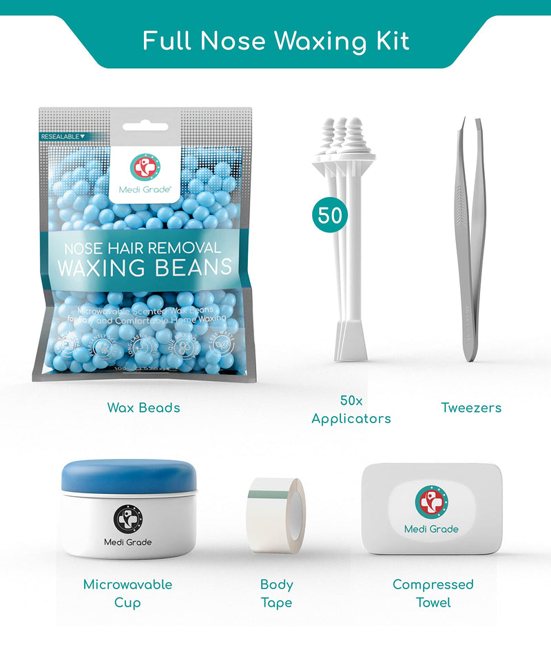 [Australia] - Medi Grade Nose Waxing Kit for Men & Women With 50x Nose Wax Sticks. 100g Nose Hair Wax Kit Including Skin Tape, Tweezers, Towel, Microwavable Cup & Storage Bag - Easy & Safe Nose wax kit 