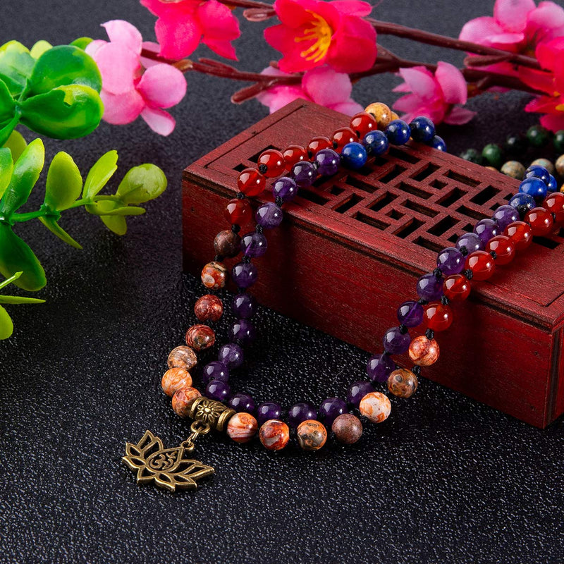 [Australia] - Farfume 7 Chakra 108 Mala Beads Bracelet Real Healing Gemstone Yoga Meditation Hand Knotted Mala Prayer Bead Necklace … Lotus OM-6mm Beads 