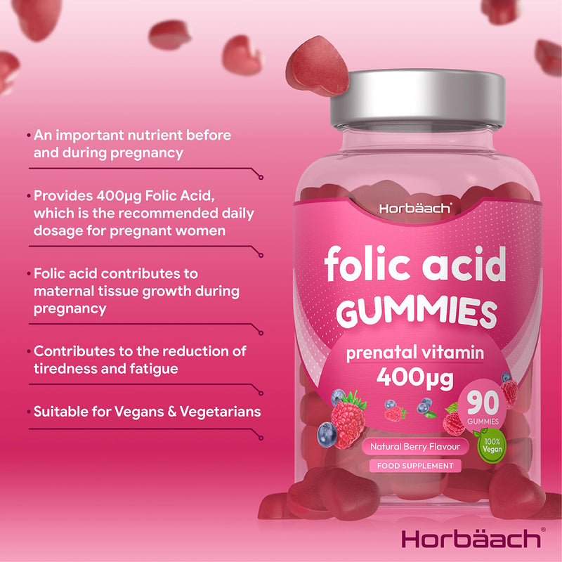 [Australia] - Folic Acid Gummies 400 mcg | 90 Vegan Gummies (3 Months Supply) | Pregnancy Care Vitamins for Women | Prenatal Health & Maternal Tissue Growth During Pregnancy | by Horbaach 