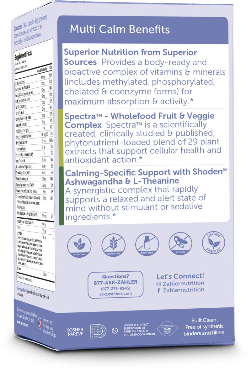 [Australia] - Zahler Multivitamin Calm, Daily Multivitamin +Relaxation Support, Multivitamin for Women and Men with Iron, Certified Kosher, 60 Capsules 