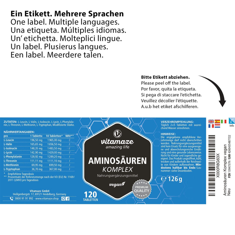 [Australia] - Amino Acid Complex high Dosage & Vegan, 120 Tablets with 8 Essential Amino acids, Natural Food Supplement Without additives 