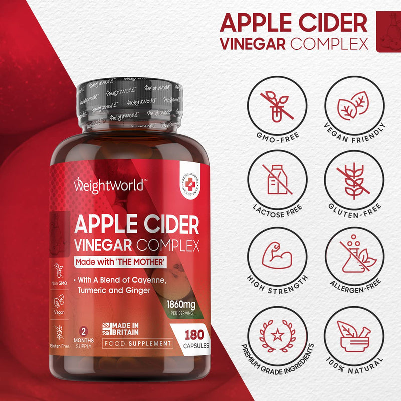[Australia] - Apple Cider Vinegar with Mother - 180 ACV Complex Capsules - 1860mg High Strength Apple Cider Vinegar, Turmeric, Ginger, & Pepper Supplement with Vegan Live Cultures - Made in The UK 