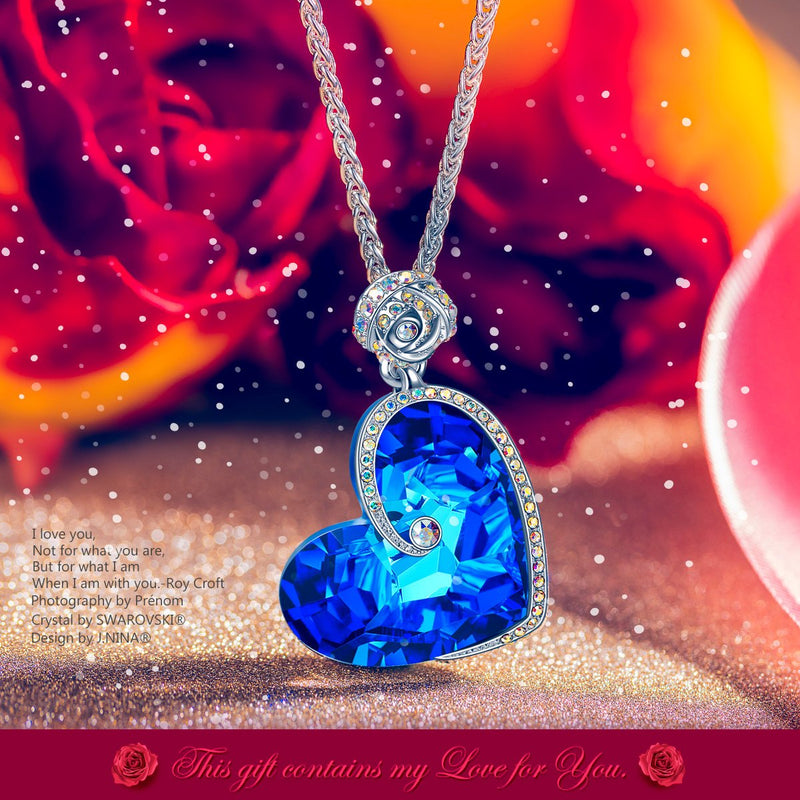 [Australia] - J.NINA ✦Aphrodite✦ Christmas Jewelry Gifts for Women Blue Rose Heart Necklace with Bermuda Blue Crystals from Swarovski White-Gold Plated Birthday Jewelry Gifts for Her Girlfriend Blue Heart Necklace For Christmas Day Gift 