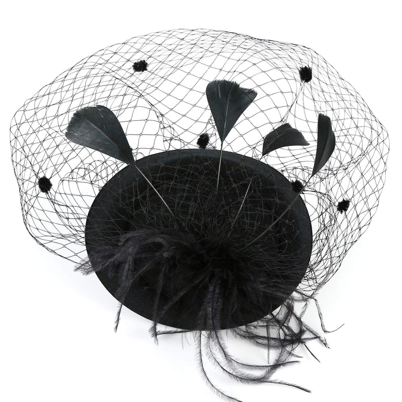 [Australia] - Gionforsy Pillbox Fascinator Veil Feather Derby Hat Lace Gloves Pearl Necklace Style 1-black 