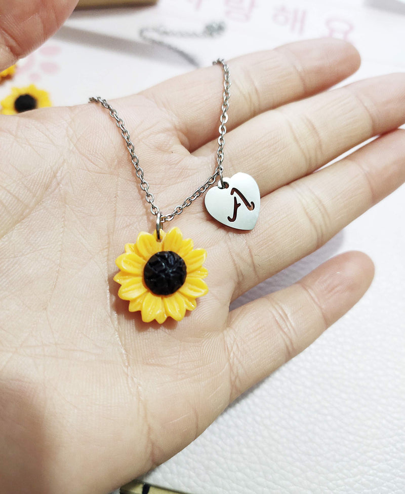 [Australia] - Jeni-Sely Stainless Steel Chain Resin Sunflower with Heart Shape Initial Letter Pendant Necklace Personalized Initial Necklace K 