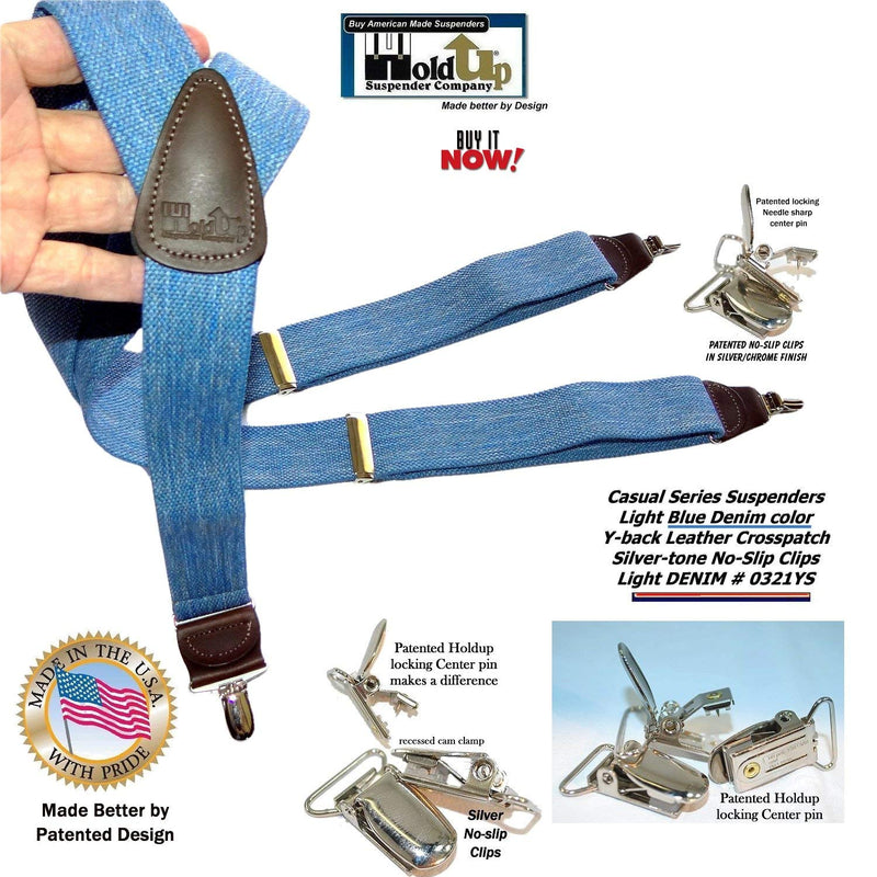 [Australia] - Holdup brand USA made Light Blue Denim Y-back Suspenders with Silver-tone No-slip Clips 