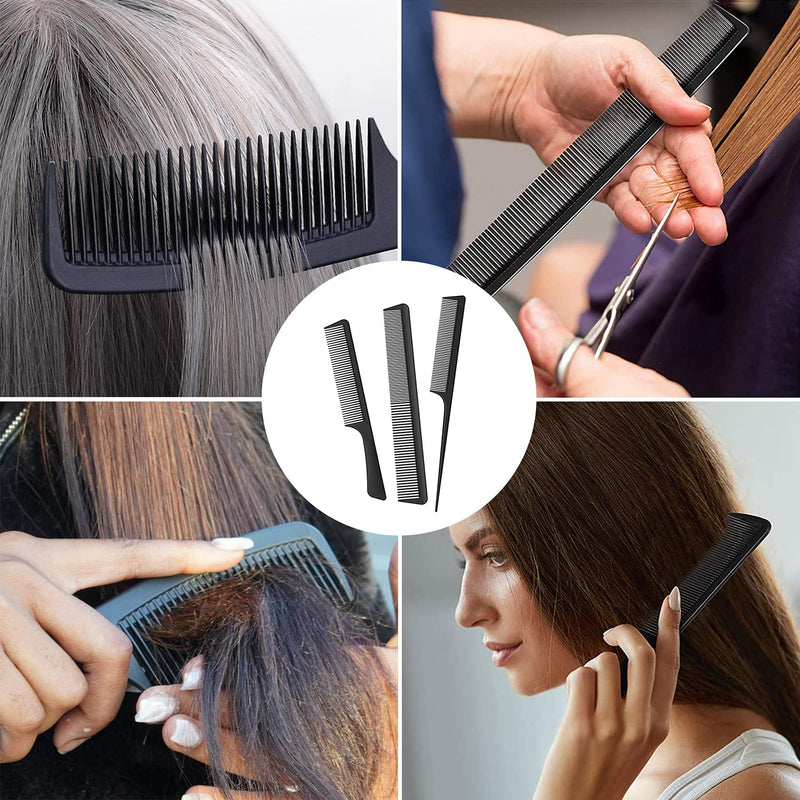 [Australia] - JeoPoom Hair Comb Set[3 Pieces], Tail Comb, Wide Tooth Comb and Fine Wide Tooth Comb, Carbon Fiber Professional Haircut Comb, Sturdy, Heat-resistant, Anti-static for Most Hair Types(Black) 