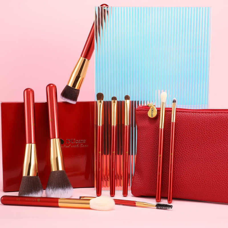 [Australia] - DUcare Makeup Brushes Red 10 Piece Makeup Brush Set with Case Premium Synthetic Hairs Kabuki Foundation Blending Eye Cosmetic Brushes Kit 10PCS 