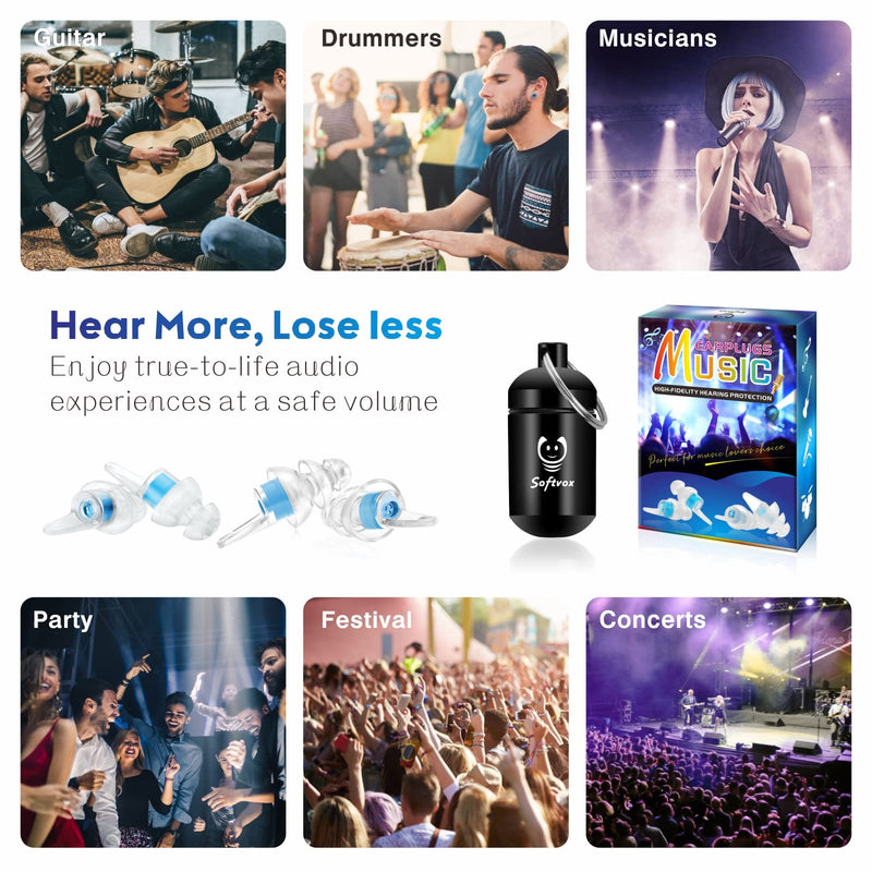 [Australia] - Concert Earplugs High Fidelity Music Ear Plugs 2 Pairs, 100X Reusable Noise Reduction Ear Plugs, Hearing Protection for Musicians, DJs, Festival, Raves, Drummers, Loud Noise -2 Sizes Fit All Ear Canal Blue 
