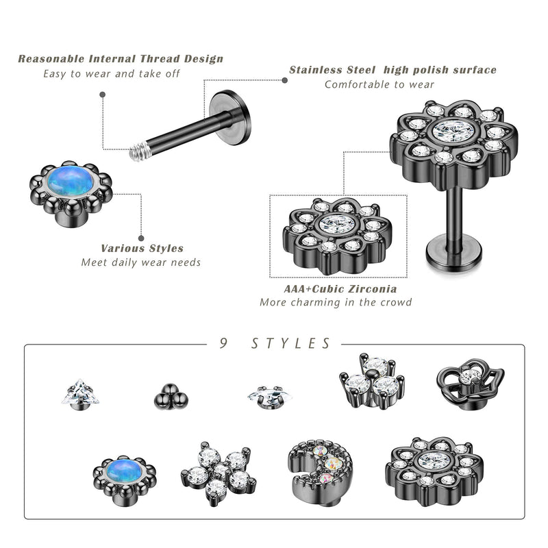 [Australia] - Drperfect 9 Pcs 16G Stainless Steel Tragus Earrings for Women Men Cartilage Helix Piercing Jewelry Lip Rings Nose Labret Studs Black 6.0 Millimeters 