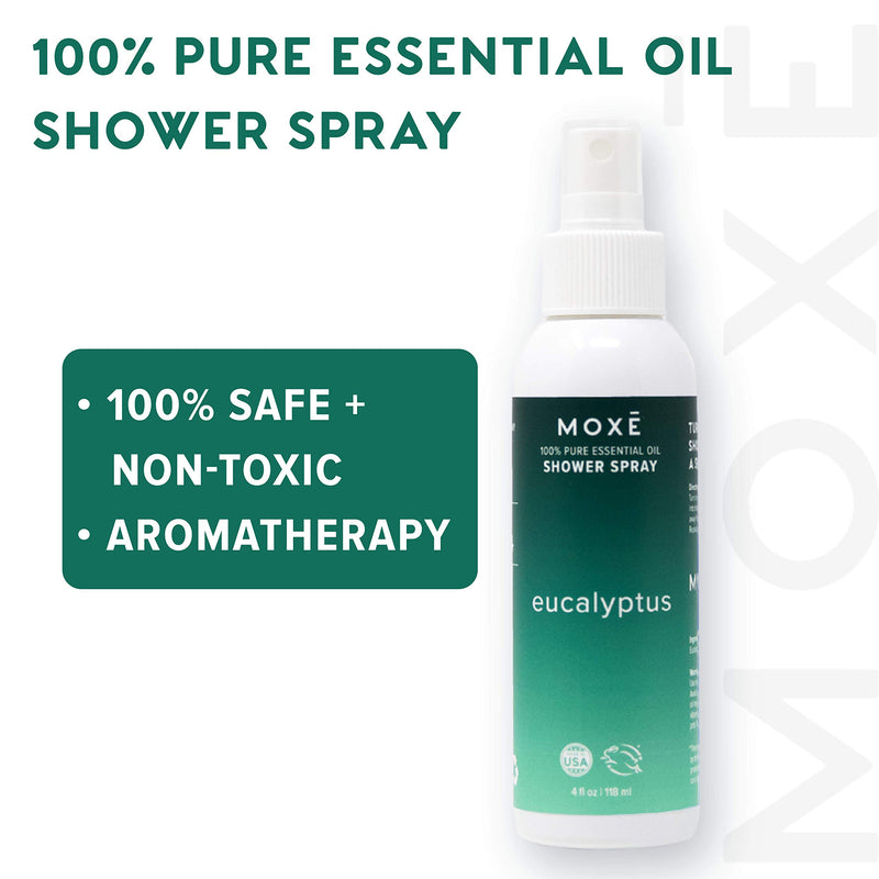 [Australia] - MOXĒ Eucalyptus In-Shower Aromatherapy Mist, 4 Ounces, Essential Oils Sinus Steam Spray, Congestion Relief, Daily Relaxation, Stress Relief, Natural, Plant Based, Made In USA 4 Ounce 