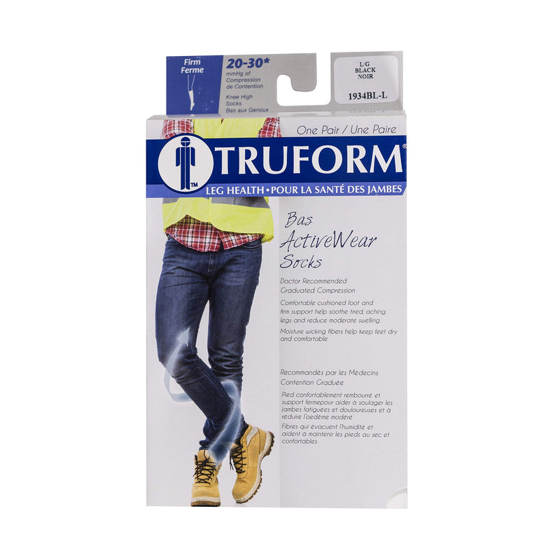 [Australia] - Truform - 1934BL-L Compression Socks, 20-30 mmHg, Men's Gym Socks, Knee High Over Calf Length, Black, Large Large (1 Pair) 
