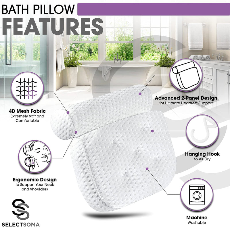 [Australia] - Luxury Bath Pillow - Bathtub Pillow – Bath Pillows for Tub Neck and Back Support with 5 Large, Stable Suction Cups – Soft 4D Air Mesh Machine-Washable Tub Pillow – Bathtub Accessories by SelectSoma 