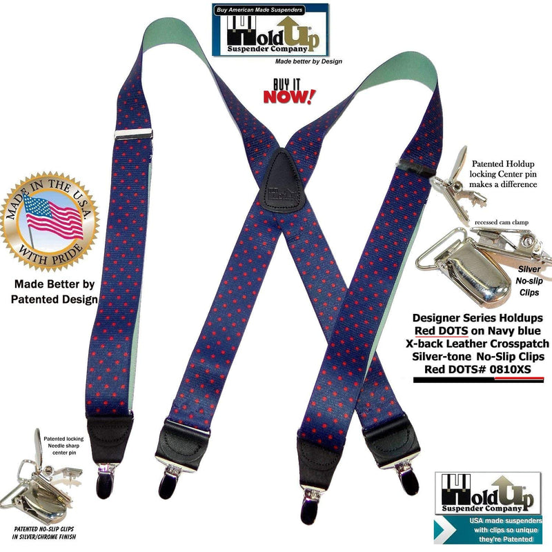 [Australia] - Holdup Designer Series Blue with Red Dot Pattern X-back Suspenders with Silver-tone No-slip Clips 