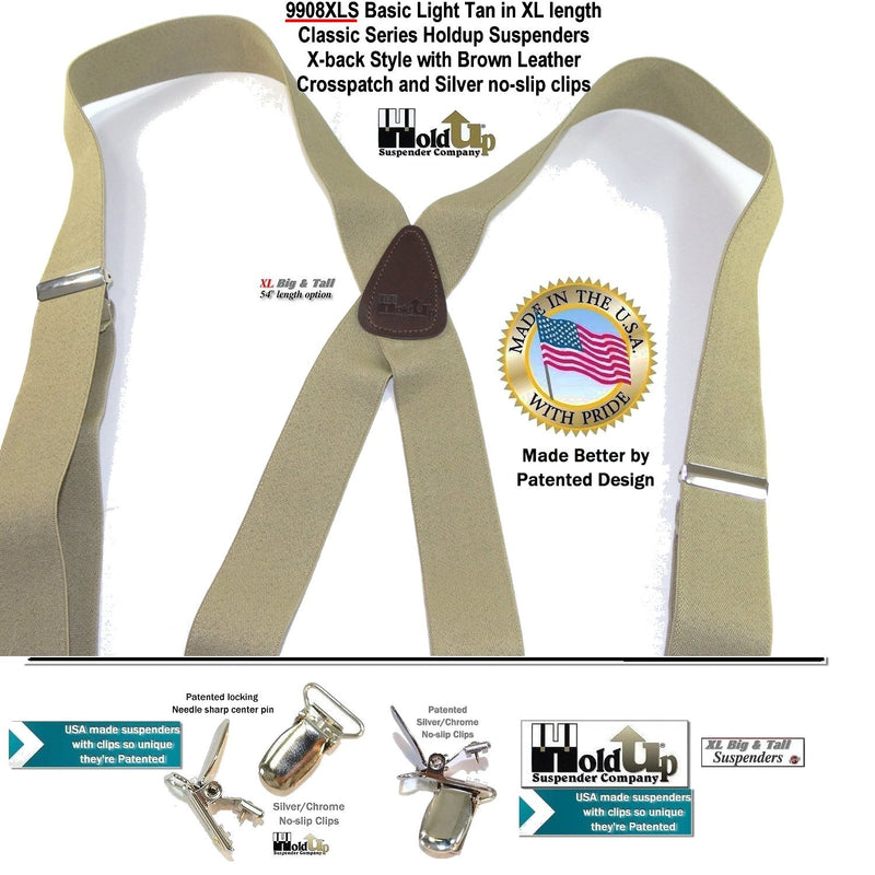 [Australia] - Holdup USA Made Classic tan XL suspender 1 1/2" wide 54" long with patented silver clips 