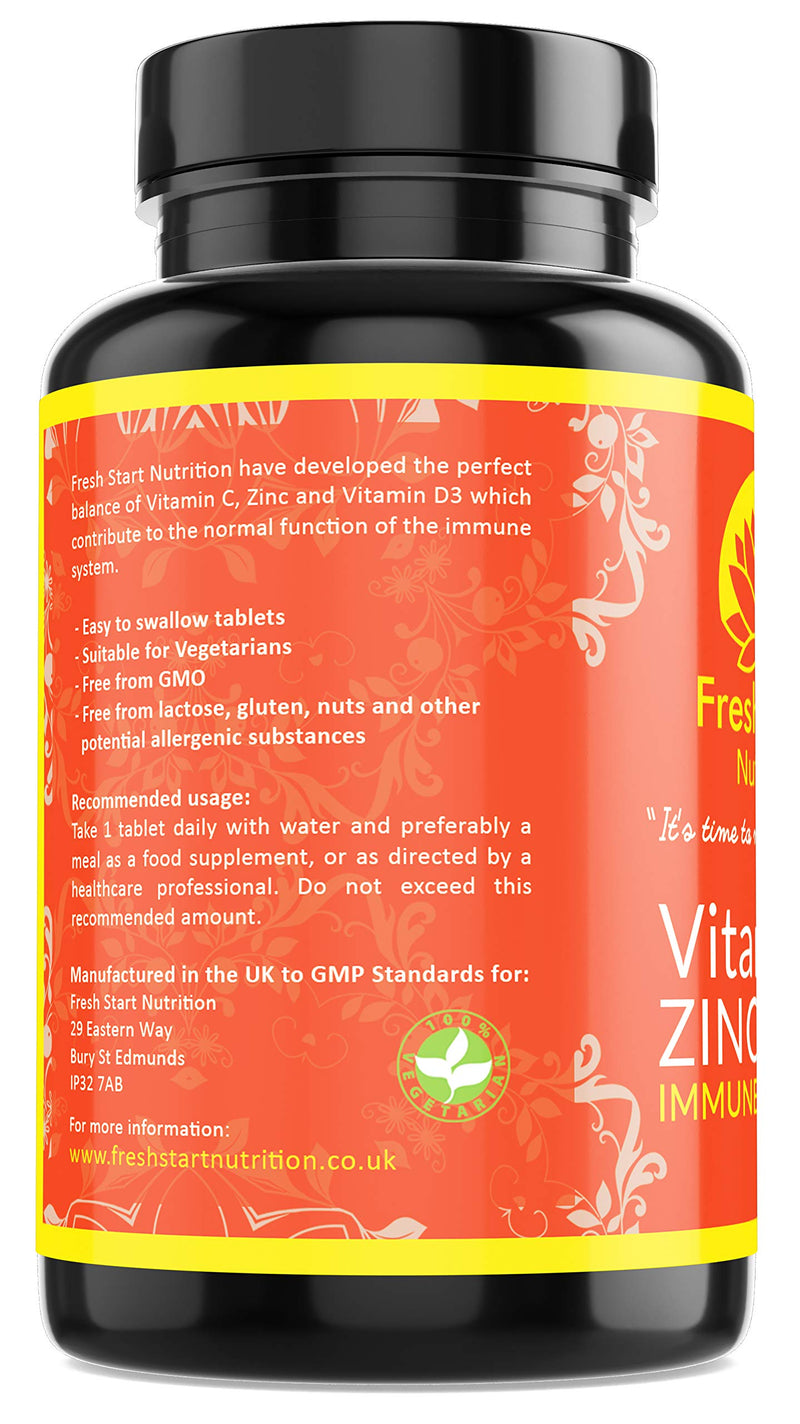 [Australia] - Vitamin C Zinc and Vitamin D Tablets - 180 Vegetarian Tablets for Men and Women - for Maintenance of Normal Immune System - 6 Month Supply - Made in The UK by Fresh Start Nutrition 