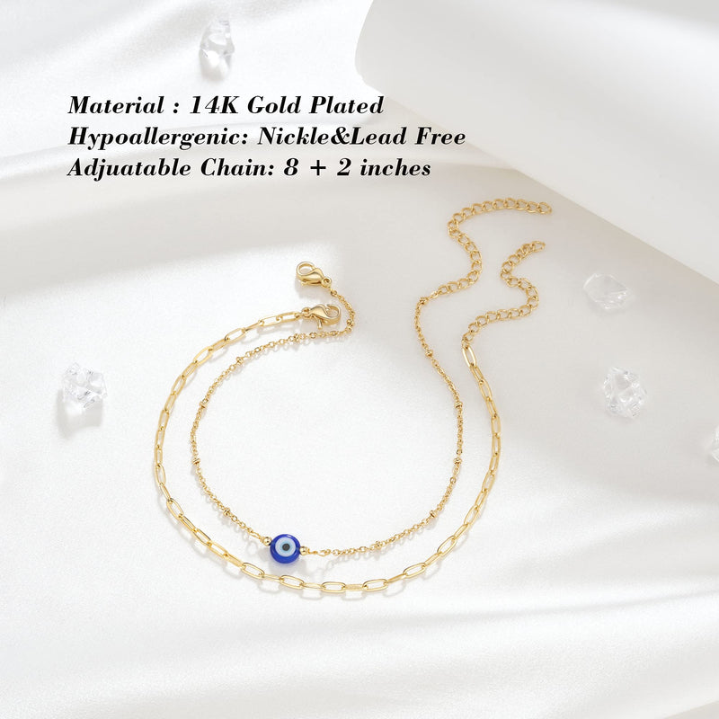 [Australia] - Tarsus 14K Gold Plated Evil Eye Bracelet / Anklets Layered Amulet Nazar for Women Girls Anklets - Gold 