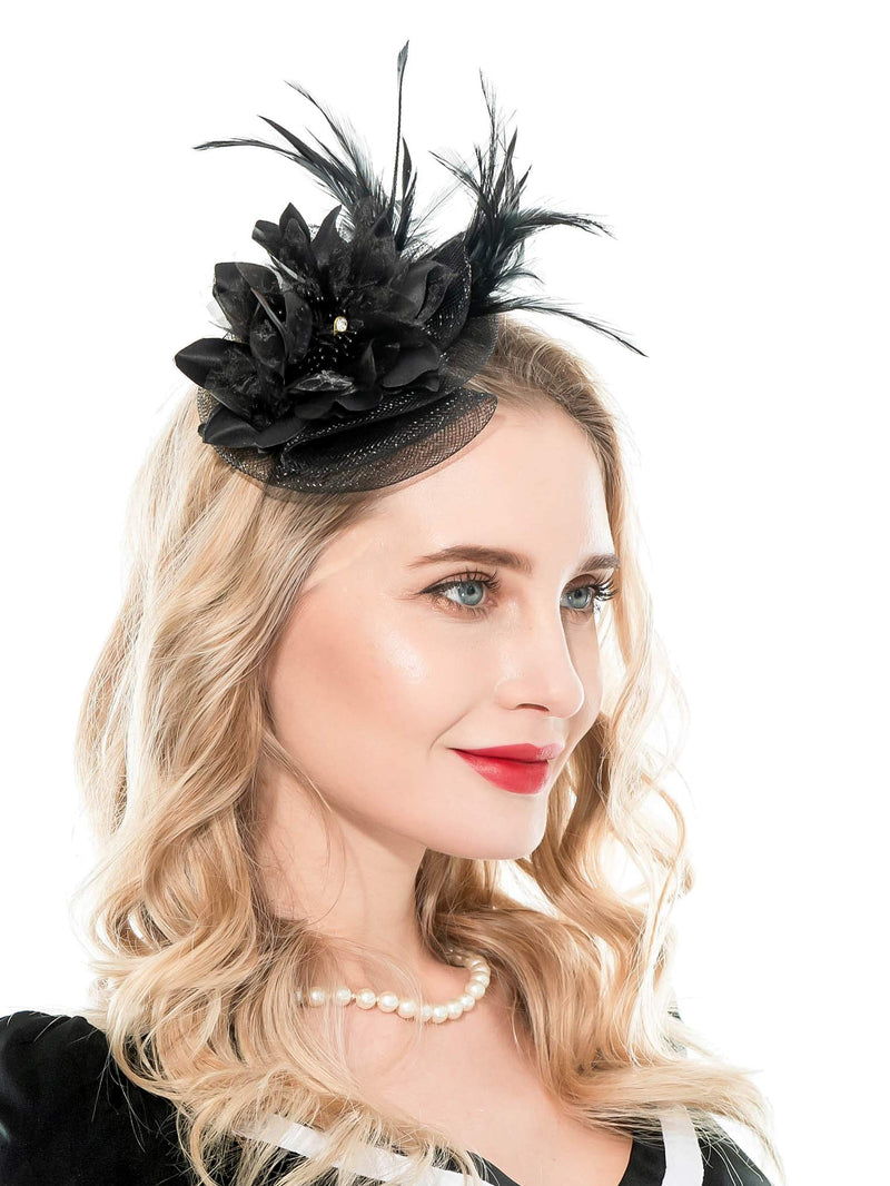 [Australia] - Fascinators Headband for Women Tea Party Hat Kentucky Derby Wedding Flower Mesh Feathers Hair Clip 10-black 