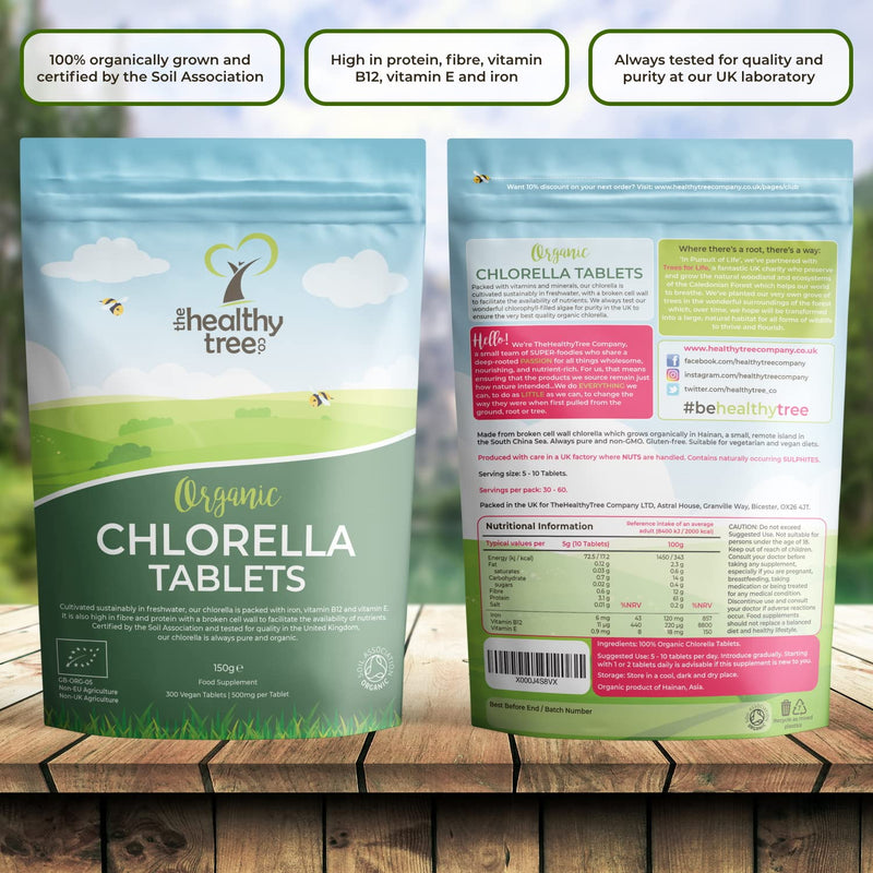 [Australia] - Organic Chlorella Tablets by TheHealthyTree Company - High in Vitamin B12 and E, Iron, Protein and Amino Acids - UK Certified Cracked Cell Wall Vegan Chlorella, 300 x 500mg (150g) 300 Count (Pack of 1) 
