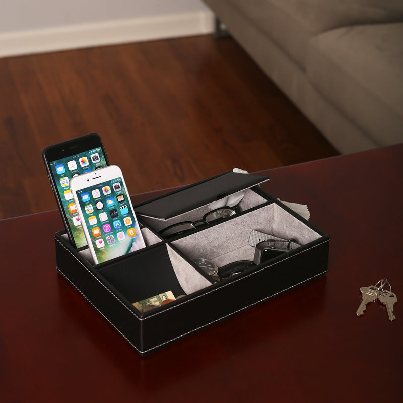 [Australia] - Mantello Leather Desktop Storage Organizer, Multi Catchall Tray, Valet Tray, Nightstand or Dresser Organizer - 5 Compartment Wallet, Phone, Keys, Jewelry, Money, Accessories - Anti-Scratch Felt Bottom 