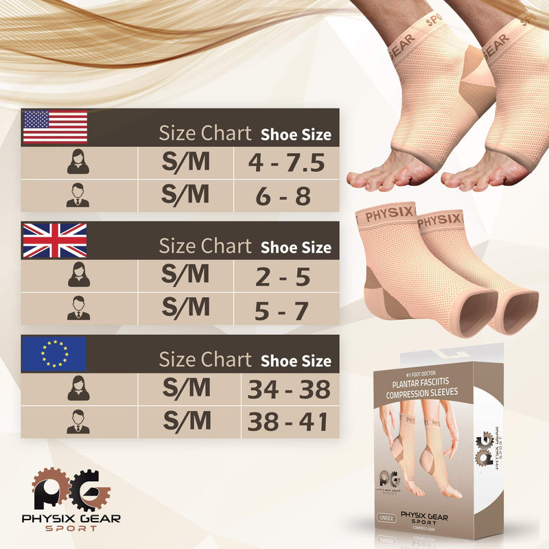 [Australia] - Physix Gear Sport 2 Pairs of Plantar Fasciitis Socks with Arch Support for Men & Women in (Beige Nude + Pink) S/M Size 