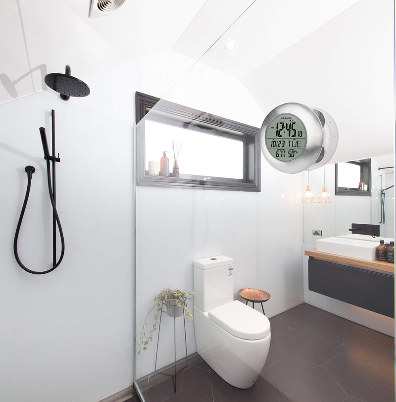 [Australia] - Kadams Bathroom Shower Digital Wall Clock - Kitchen Clock - Water Resistant Timer - Seconds Counter - Temperature & Humidity Display - Wall Calendar - Multiple Mounting Options (Silver) 