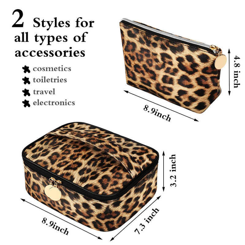 [Australia] - 2 Pieces Leopard Print Cosmetic Bag Cheetah Makeup Bag Leopard Brush bag Toiletry Travel Bag Portable Pouch Bag with Zipper for Women Girls 