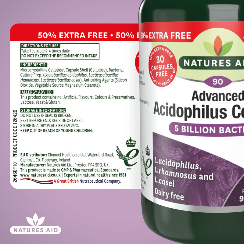 [Australia] - Natures Aid Acidophilus Complex, 5 Billion Bacteria, 180 Capsules (Lactobacillus Acidophilus, Lactobacillus Rhamnosus, Lactobacillus Casei, Good Bacteria, Shelf Stable, Vegan Society Approved) 