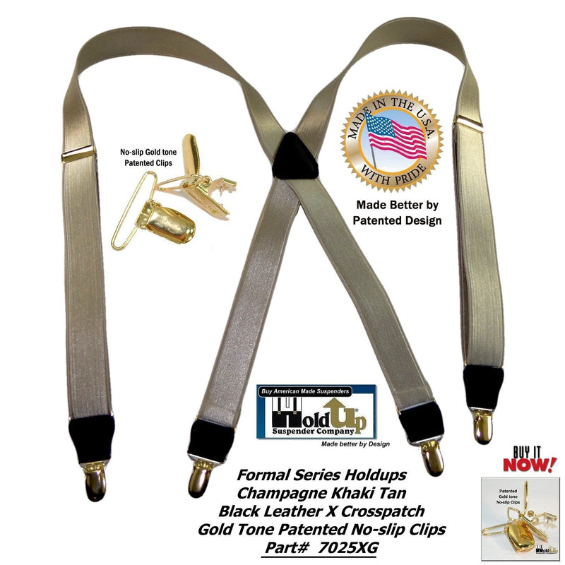 [Australia] - Holdup Suspender Brand Champagne GoldenTan narrow 1" Formal Series Suspenders with X-back crosspatch and patented Gold-tone no-slip Clips 