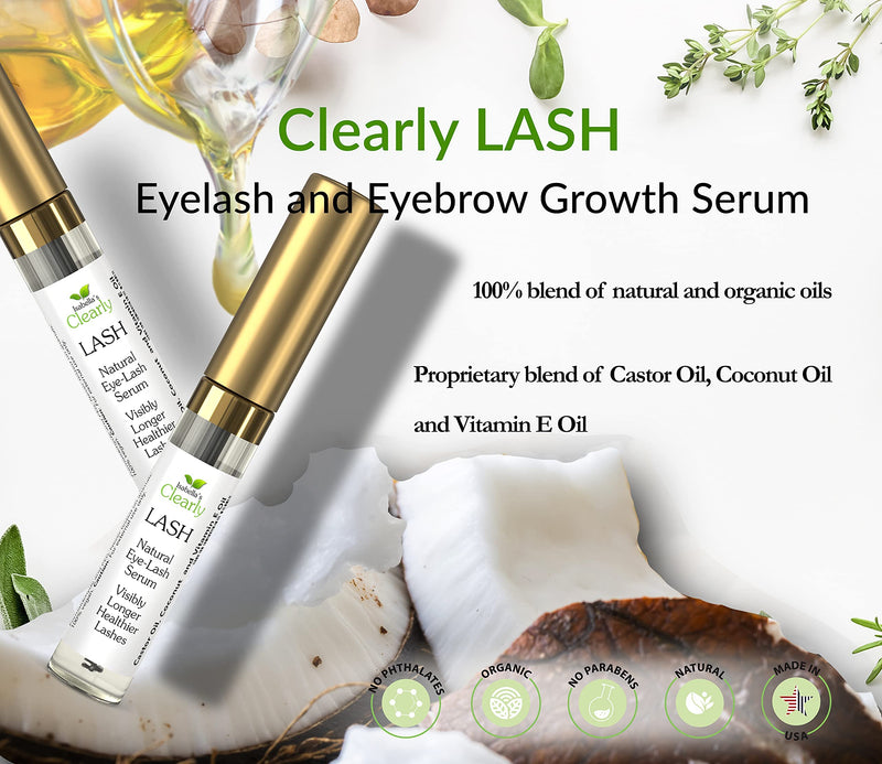 [Australia] - Clearly LASH, Natural Eyelash and Eyebrow Growth Serum | Castor, Coconut, Vitamin E Oils | Grow Longer, Fuller, Enhanced Lashes and Brows | Paraben Free, Cruelty Free, Vegan, Made in USA 