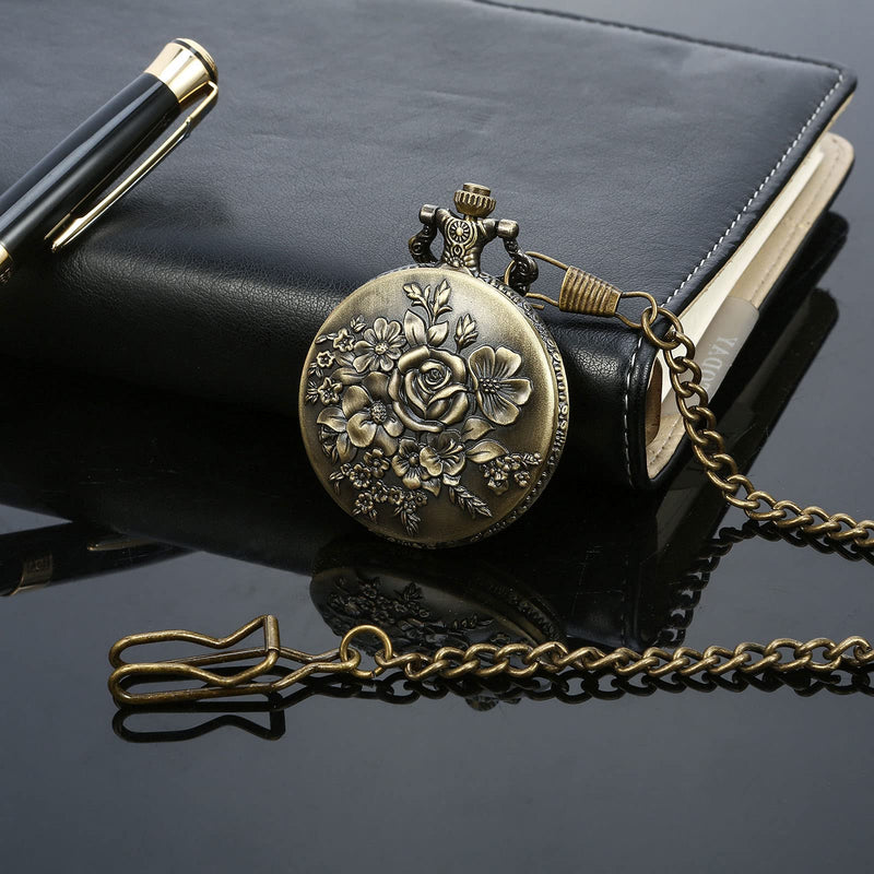 [Australia] - Flower Series Steampunk Pocket Watch Vintage Quartz Pocket Watch 14 in Chain with Box Bronze 