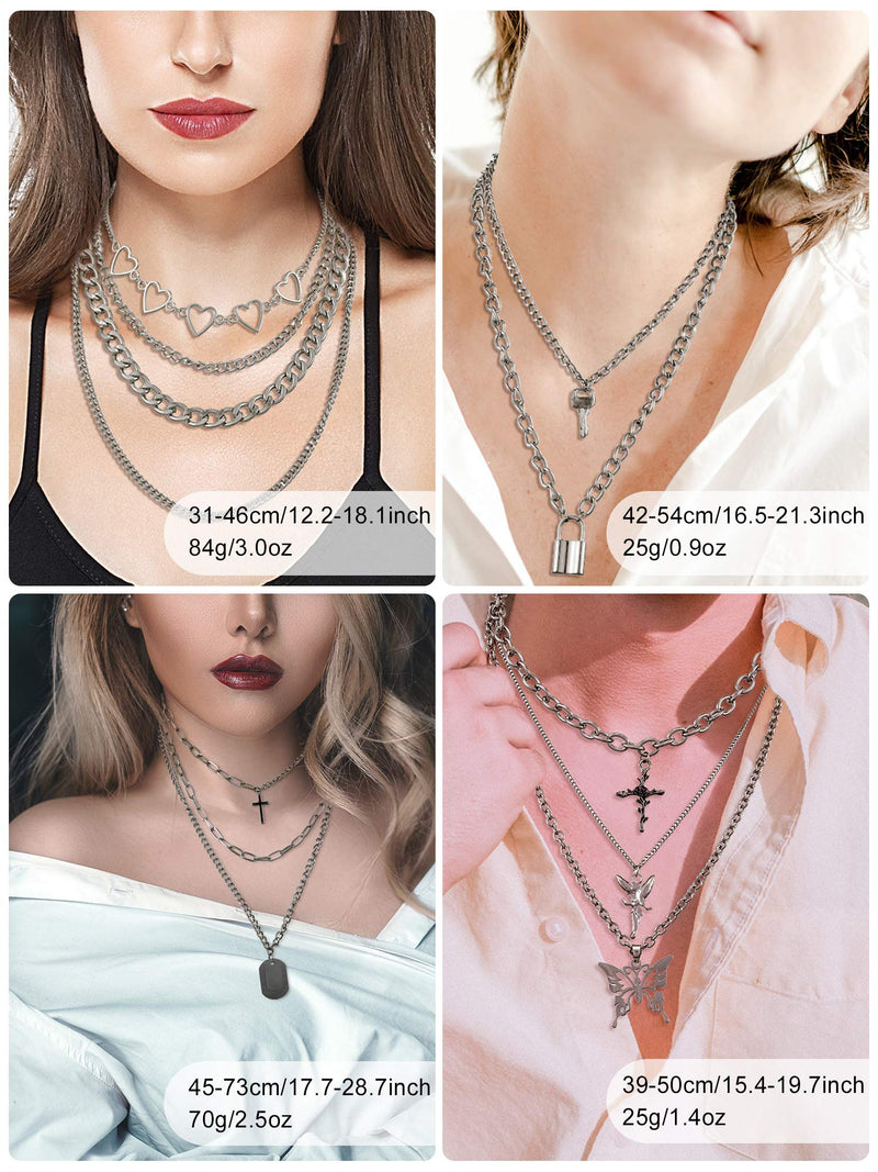 [Australia] - Hicarer 4 Sets Butterfly Lock Chains Pendants Necklace Hearts Layered Choker Punk Alloy Jewelry Chunky Chains Necklace for Eboy Egirl Women Men, 12 Pieces Totally 