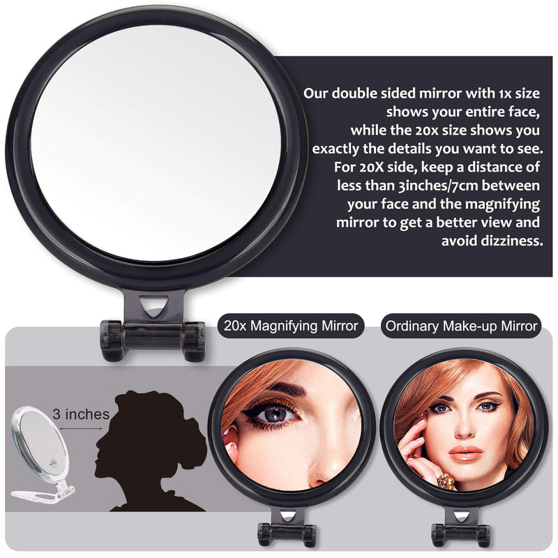[Australia] - Magnifying Mirror 20x / 1x Two Sided, Double Sided Magnifying Mirror with Stand, Magnified Hand Mirror for Makeup, Blackhead/Comedone Removal (5inch,20X/1X, Black) 5 inch (Pack of 1) 