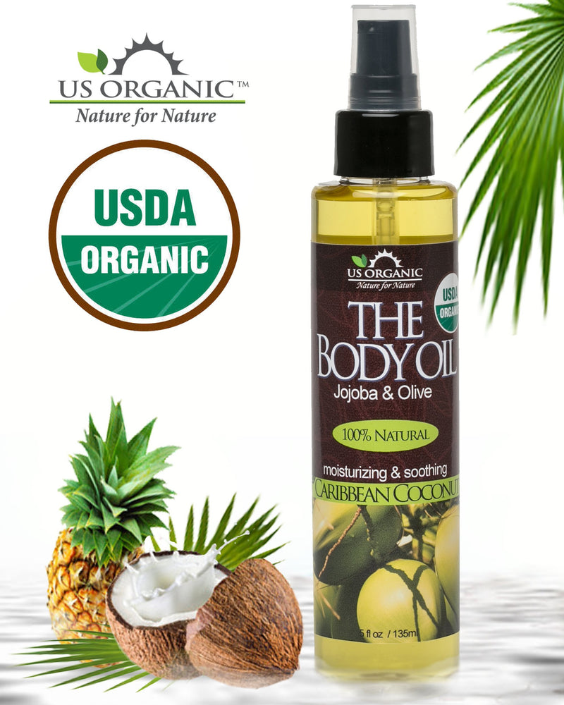[Australia] - US Organic Body Oil-Blend of Jojoba and Olive Oil with fragrance of Smooth Caribbean Coconut-Vitamin E, USDA Certified, No Alcohol, Paraben, Artificial Detergents, Color or Synthetic perfumes, 5 Fl.oz 