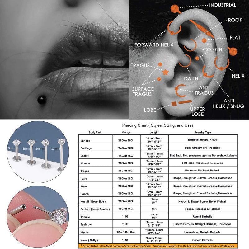 [Australia] - 16G Lip Rings Tragus Earrings Surgical Steel Helix Conch Cartilage Earrings Monroe Piercing Jewelry for Women Men Labret Studs Claw CZ, 10mm Length 