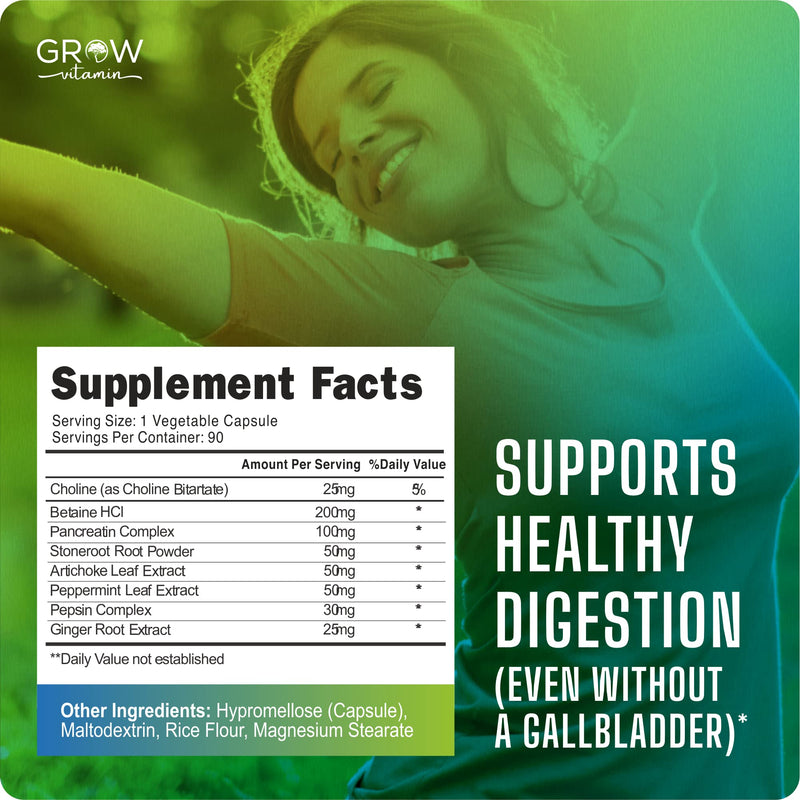 [Australia] - Grow Vitamin Original Gallbladder Formula, Enzymes to Reduce Bloating, Indigestion & Abdominal Swelling - Better Digestion, Improved Absorption of Nutrients & More Satisfied After Meals - 90 Capsules 