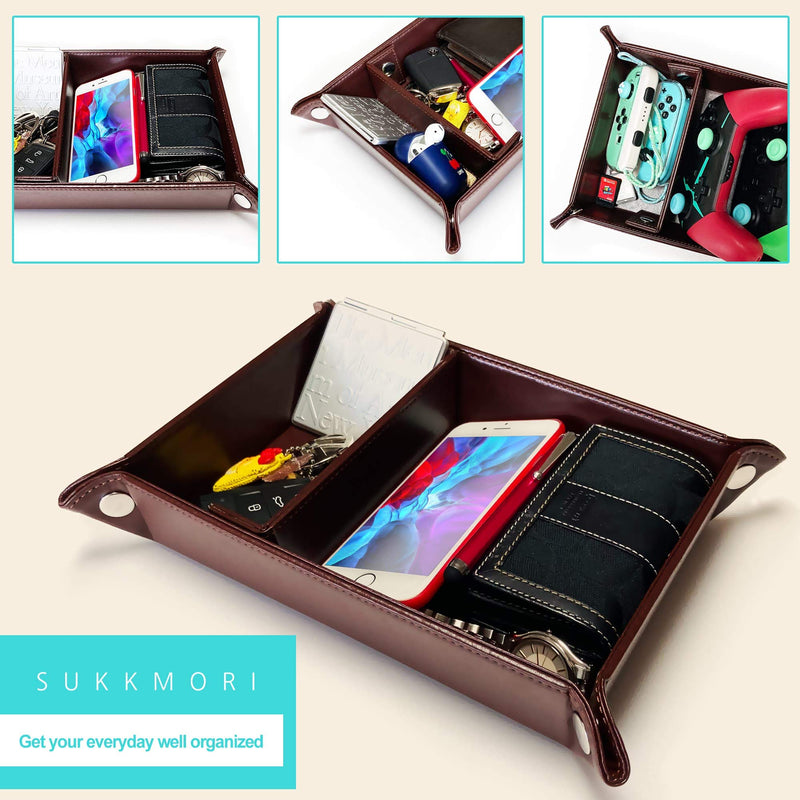 [Australia] - SUKKMORI Nightstand Valet Tray Organizer - PU Leather Dresser Organizer Box for Men and Women - Jewelry Accessories Catchall Vanity Tray for Table Desk Top - Bedside Station Tray for Key and Wallet 