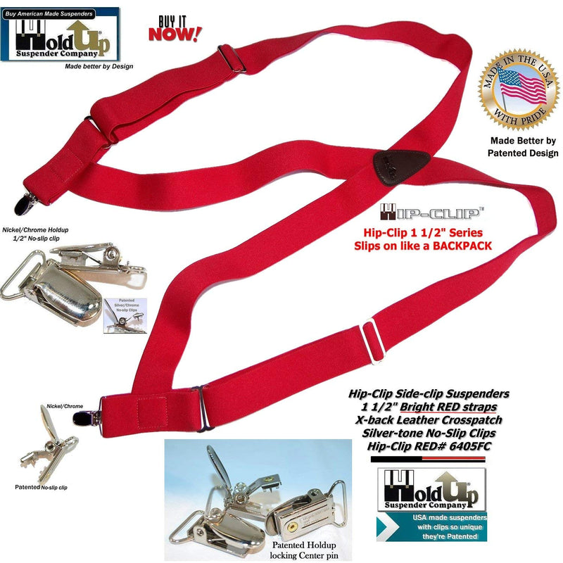 [Australia] - Holdup Brand Red Trucker Style Hip-clip Series Suspenders with silver no-slip clips 