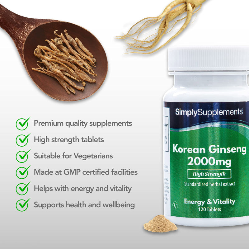 [Australia] - Korean/Panax Ginseng 2000mg | 120 High Strength Ginseng Tablets | Vegan & Vegetarian Friendly | Supplement Supports Cognitive Function While Reducing Tiredness and Fatigue | Manufactured in The UK 120 Count (Pack of 1) 