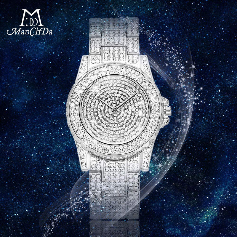 [Australia] - ManChDa Luxury Ladies Watch Iced Out Watch with Quartz Movement Crystal Rhinestone Diamond Watches for Women Stainless Steel Wristwatch Full Diamonds 1.SILVER 