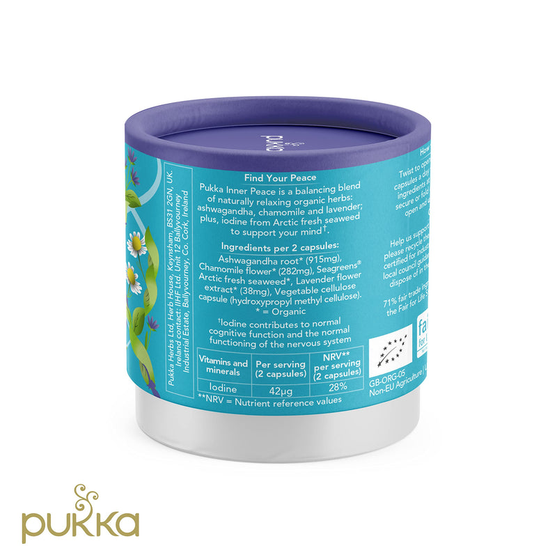 [Australia] - Pukka Herbs | Inner Peace Organic Herbal Supplement | Ashwagandha, Chamomile and Lavender | Perfect For Calming | Contains Iodine | 60 Capsules | 1 Month Supply 