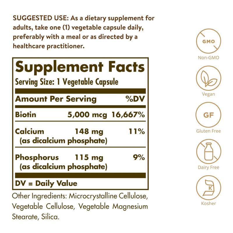 [Australia] - Solgar Biotin 5000 mcg, 100 Veg Caps - Promote Healthy Skin, Nails & Hair - Supports Energy Production, Protein, Carbohydrate & Fat Metabolism - Vitamin B - Non GMO, Vegan, Gluten Free - 100 Servings 