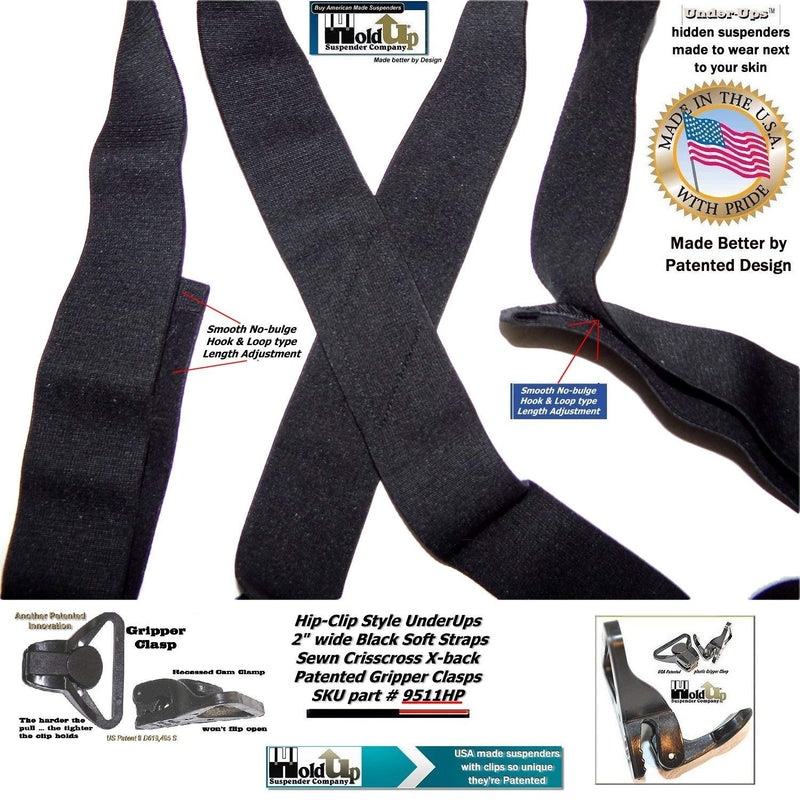 [Australia] - USA Made Holdup Brand Black 2" Hip-clip Style No-Buzz Suspenders Patented Gripper Clasps 