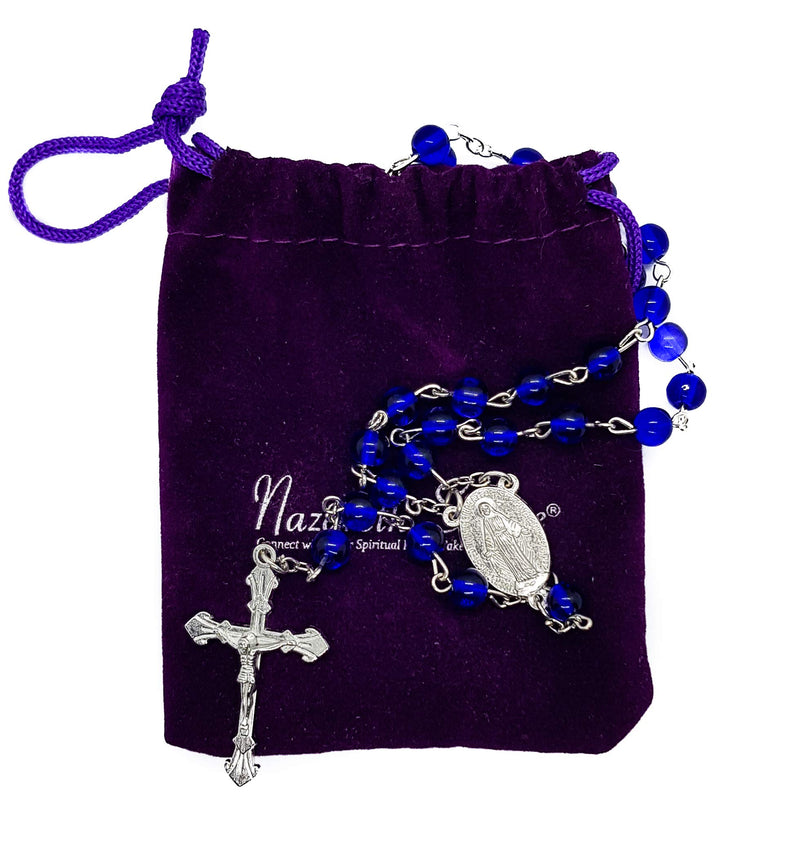 [Australia] - Nazareth Store Catholic Rosary Necklace Round Dark Blue Crystal Beads Miraculous Medal & Cross Handmade Long Chaplet 