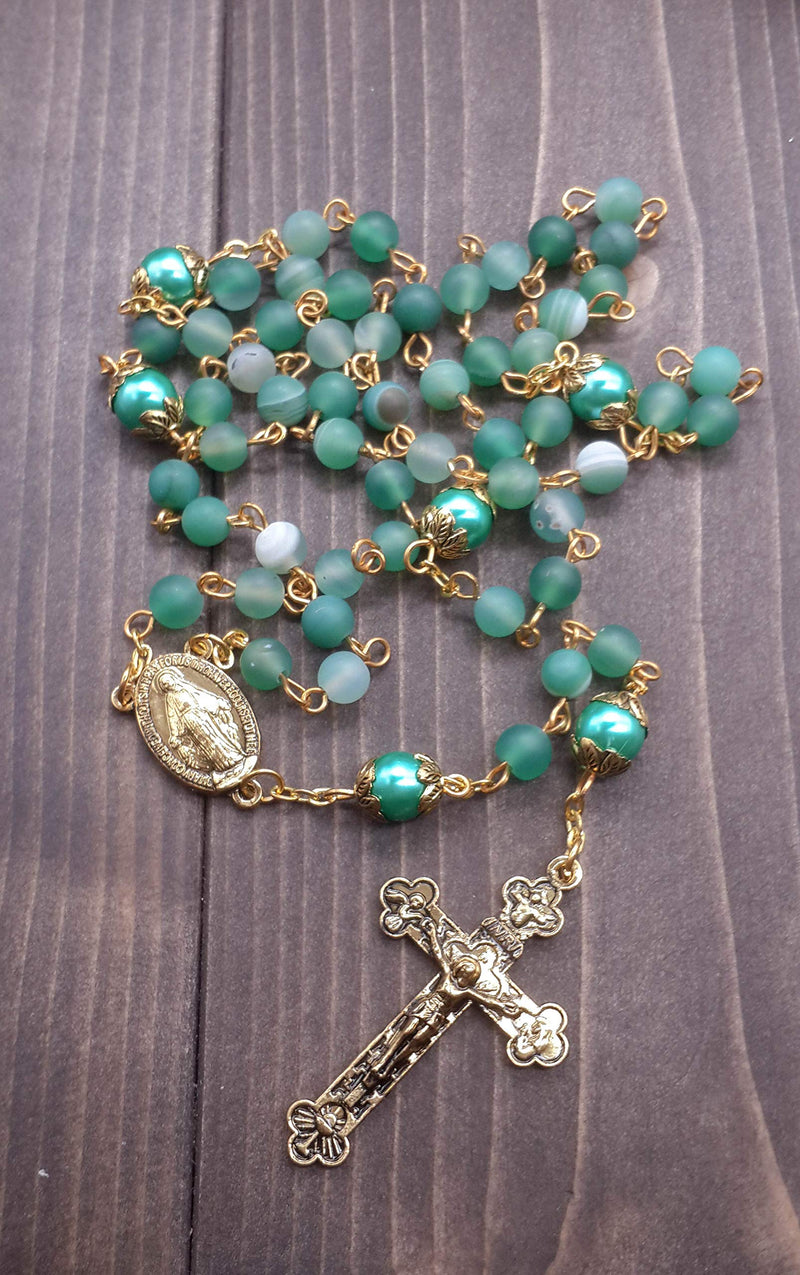 [Australia] - Nazareth Store Catholic Gold Rosary Necklace Matte Stone Beads Green 10mm Pearl Round Beads Miraculous Medal & Cross - Velvet Bag 