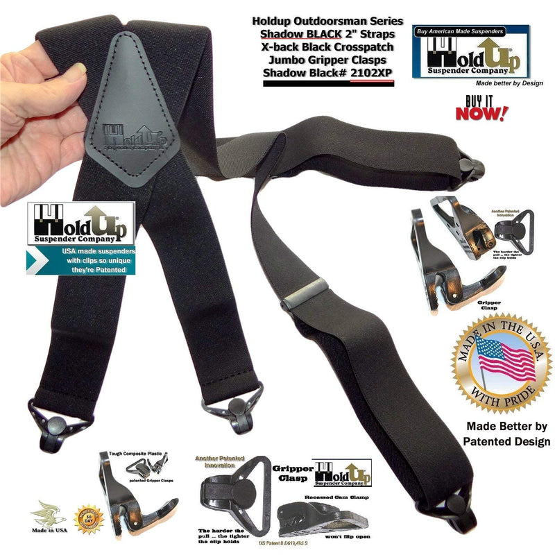 [Australia] - Holdup Suspender Company 2" Wide Shadow Black X-back Suspenders with Patented jumbo black Gripper Clasps 