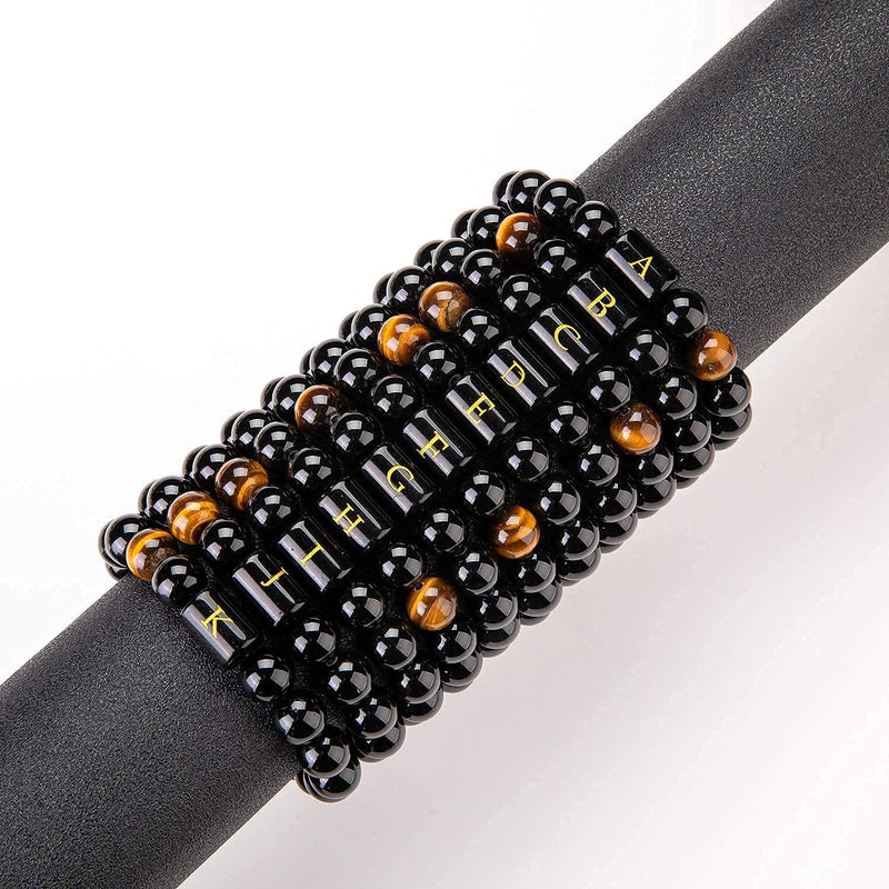 [Australia] - FRG Initials Bracelets for Men Letter Link Pure Handmade 10mm Natural Black Onyx Tiger Eye Stone Beads Braided Rope Bracelet Meaningful Gifts Adjustable (R) A 